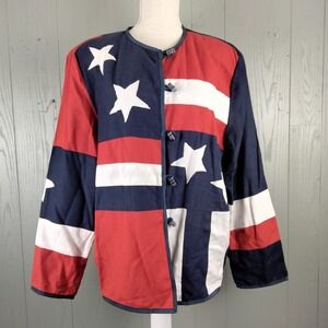 Vintage Patriotic Flax Cotton USA Flag Jacket Womens L Patchwork Relaxed Fit ART